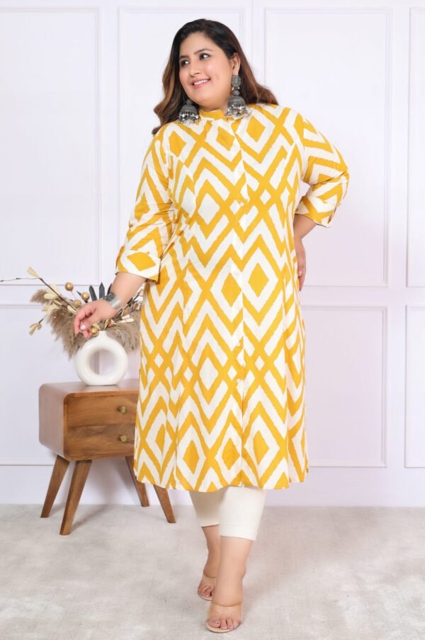 Plus Size Yellow Cotton Floral Print Embroidered Long Kurta - Image 9