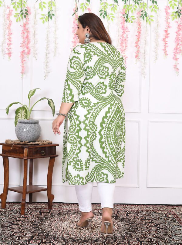 Plus Size Green Cotton Floral Print Embroidered Long Kurta - Image 3