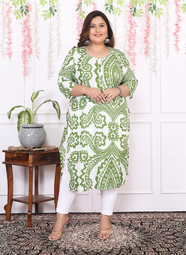Plus Size Green Cotton Floral Print Embroidered Long Kurta - Image 2