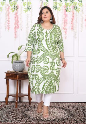 Plus Size Green Cotton Floral Print Embroidered Long Kurta
