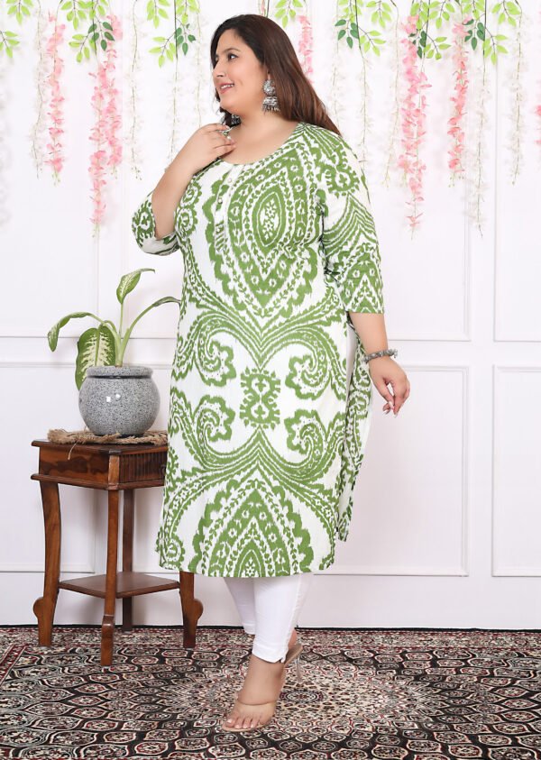 Plus Size Green Cotton Floral Print Embroidered Long Kurta - Image 8