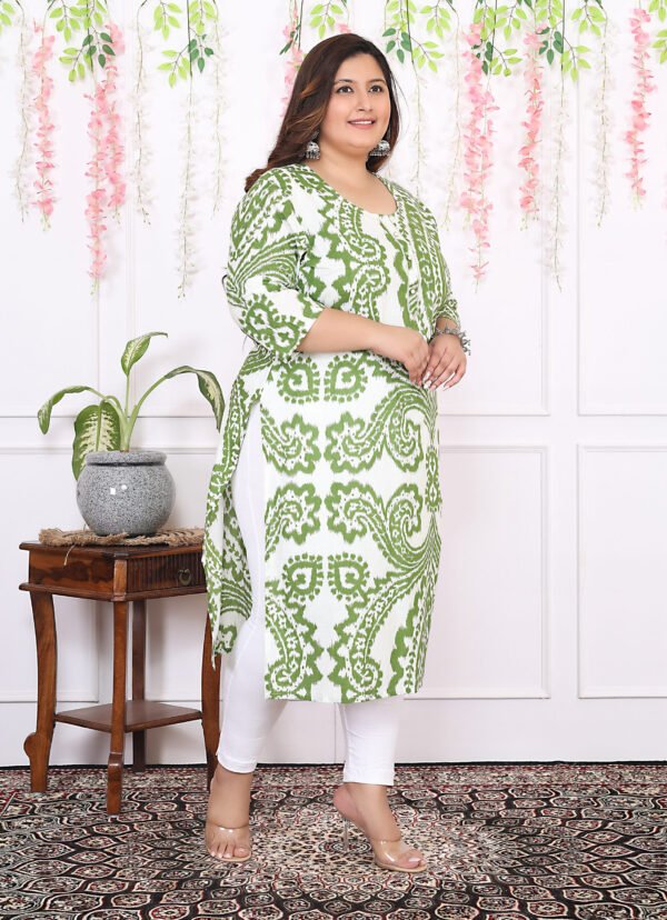 Plus Size Green Cotton Floral Print Embroidered Long Kurta - Image 7