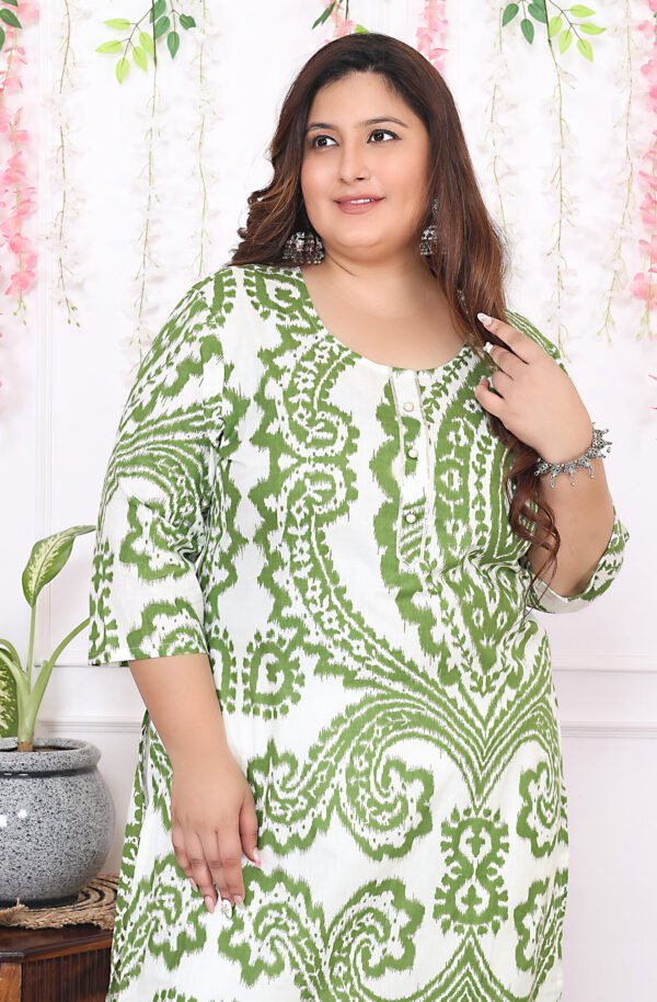 Plus Size Green Cotton Floral Print Embroidered Long Kurta - Image 6