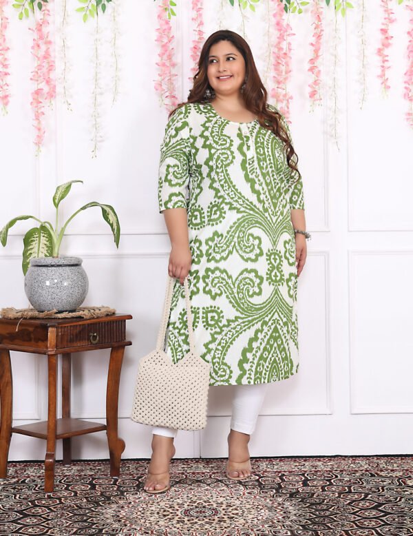 Plus Size Green Cotton Floral Print Embroidered Long Kurta - Image 4