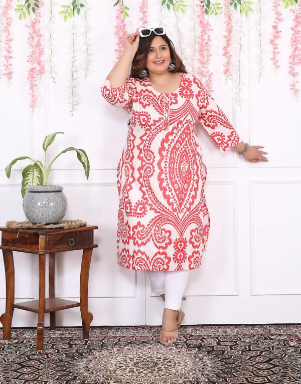 Plus Size Red Cotton Floral Print Embroidered Long Kurta - Image 6