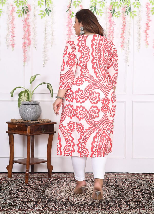Plus Size Red Cotton Floral Print Embroidered Long Kurta - Image 5