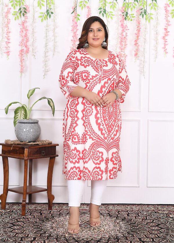 Plus Size Red Cotton Floral Print Embroidered Long Kurta - Image 4