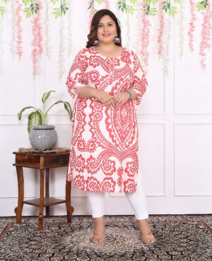 Plus Size Red Cotton Floral Print Embroidered Long Kurta