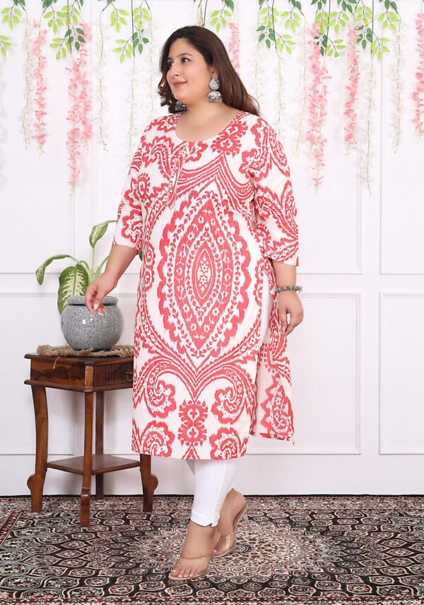 Plus Size Red Cotton Floral Print Embroidered Long Kurta - Image 3