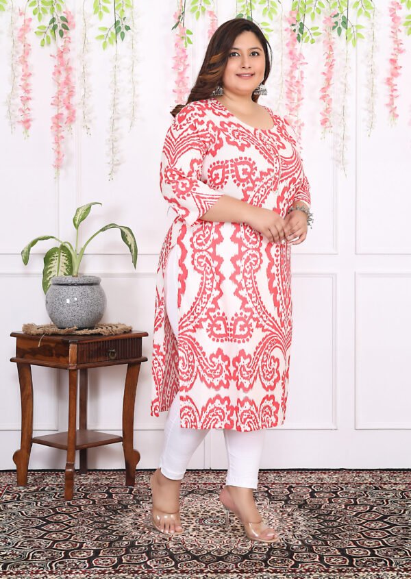 Plus Size Red Cotton Floral Print Embroidered Long Kurta - Image 8