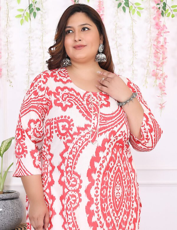 Plus Size Red Cotton Floral Print Embroidered Long Kurta - Image 7