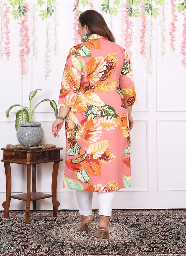 Plus Size Multi Cotton Floral Print Embroidered Long Kurta - Image 6
