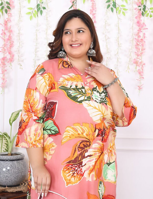 Plus Size Multi Cotton Floral Print Embroidered Long Kurta - Image 3