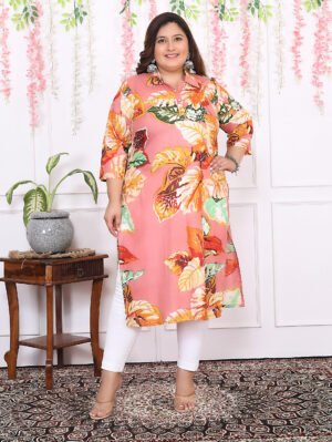 Plus Size Multi Cotton Floral Print Embroidered Long Kurta