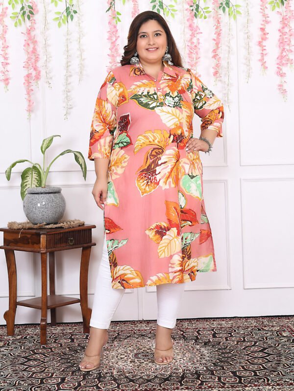 Plus Size Multi Cotton Floral Print Embroidered Long Kurta