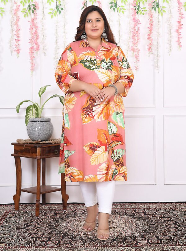 Plus Size Multi Cotton Floral Print Embroidered Long Kurta - Image 11