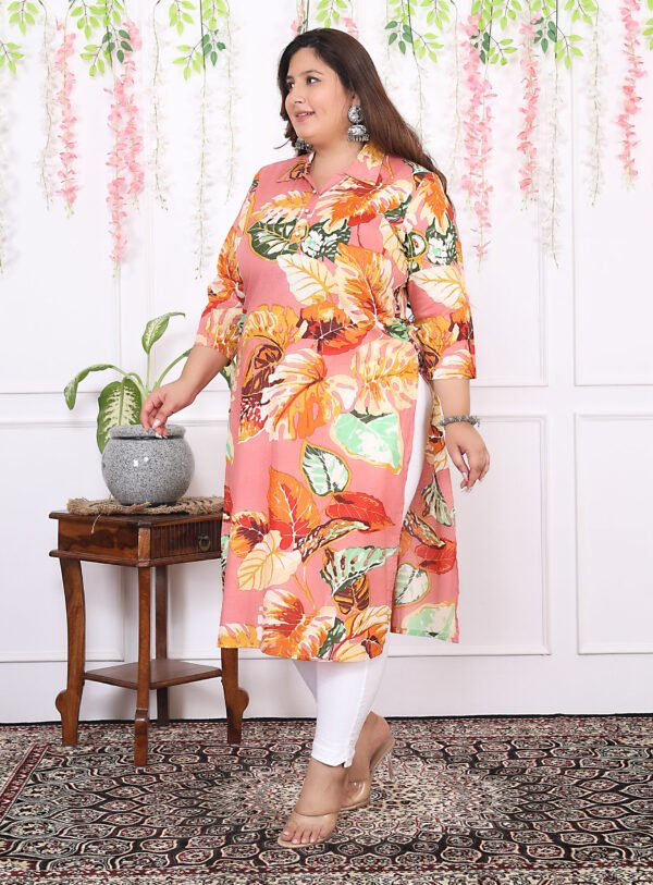 Plus Size Multi Cotton Floral Print Embroidered Long Kurta - Image 10