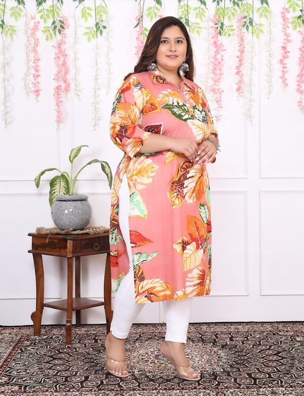 Plus Size Multi Cotton Floral Print Embroidered Long Kurta - Image 9