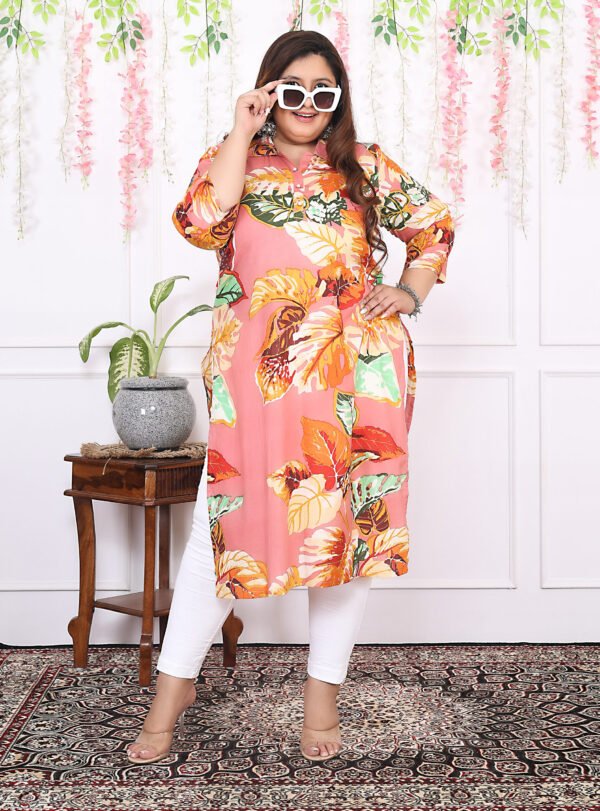 Plus Size Multi Cotton Floral Print Embroidered Long Kurta - Image 8