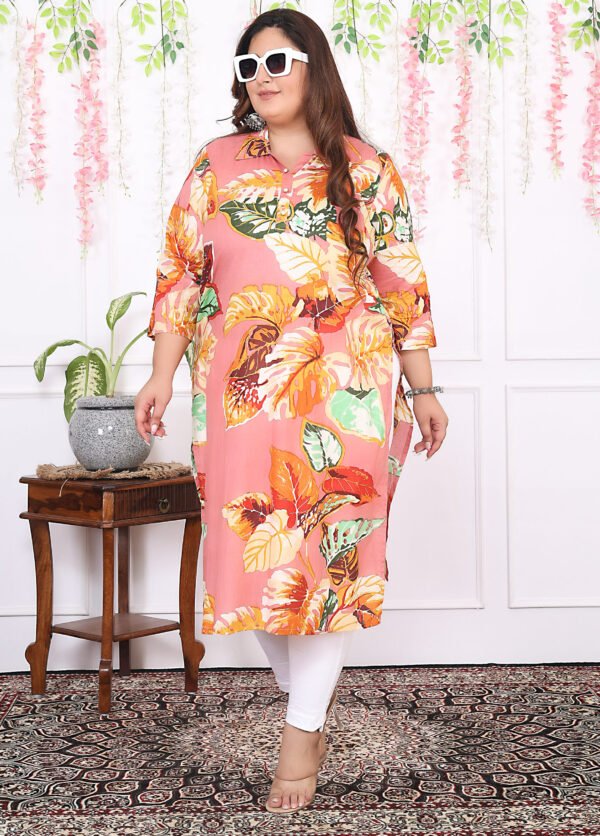 Plus Size Multi Cotton Floral Print Embroidered Long Kurta - Image 7