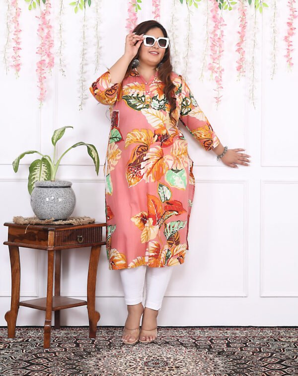 Plus Size Multi Cotton Floral Print Embroidered Long Kurta - Image 5
