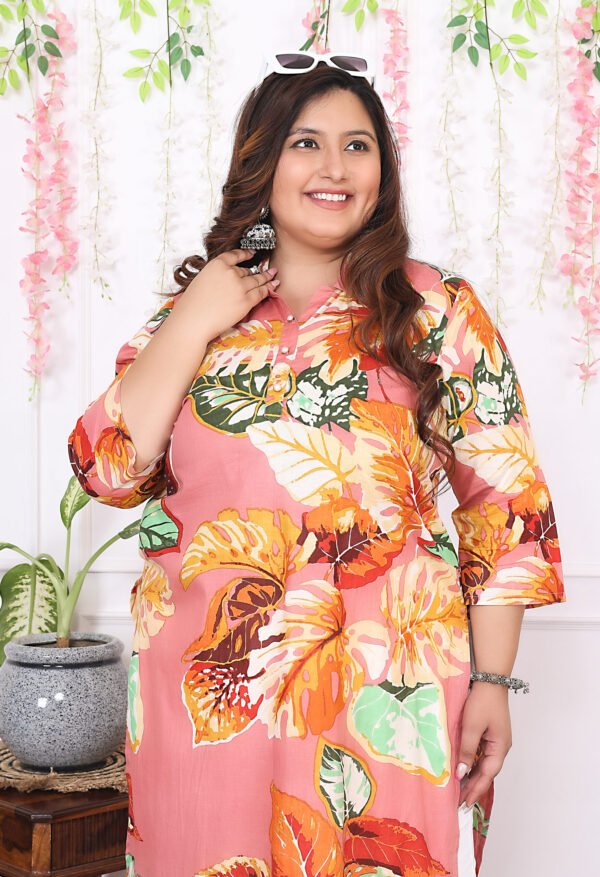 Plus Size Multi Cotton Floral Print Embroidered Long Kurta - Image 4