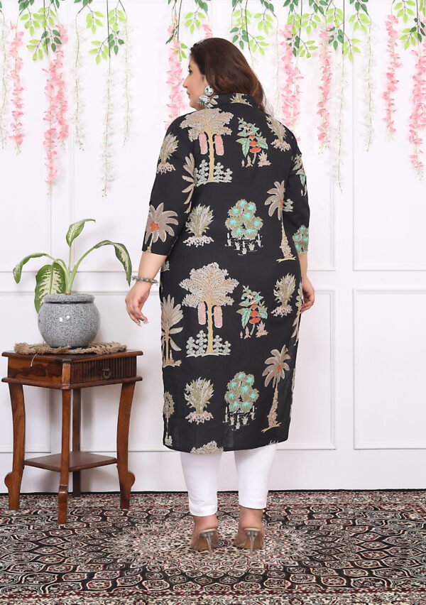 Plus Size Black Cotton Floral Print Embroidered Long Kurta - Image 5