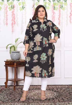 Plus Size Black Cotton Floral Print Embroidered Long Kurta