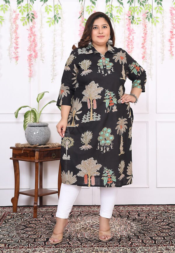Plus Size Black Cotton Floral Print Embroidered Long Kurta