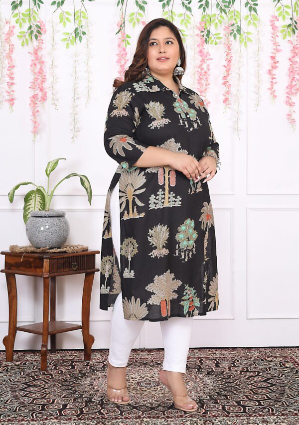 Plus Size Black Cotton Floral Print Embroidered Long Kurta - Image 4