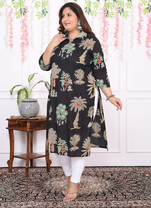 Plus Size Black Cotton Floral Print Embroidered Long Kurta - Image 3