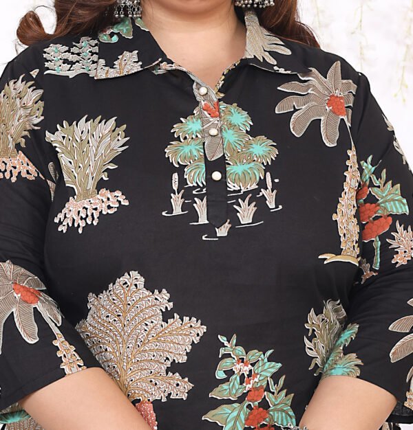 Plus Size Black Cotton Floral Print Embroidered Long Kurta - Image 6