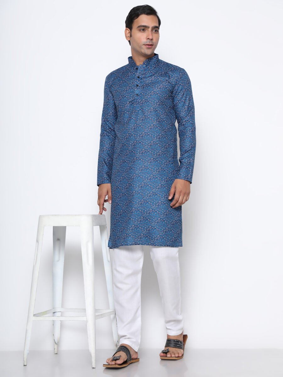 Digital Print Silk Kurta Blue