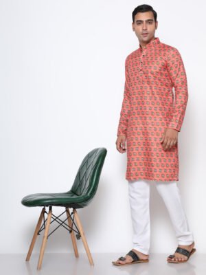 Digital Print Silk Kurta Peach