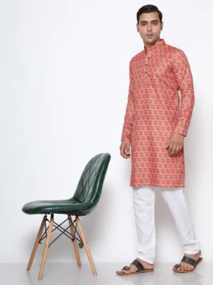 Digital Print Silk Kurta Peach