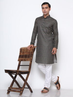 Digital Print Silk Kurta Black
