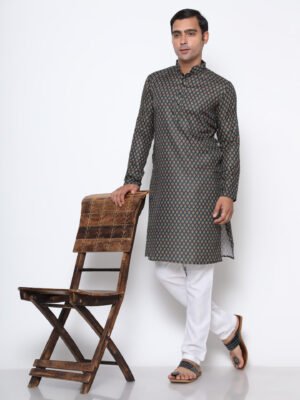 Digital Print Silk Kurta Black