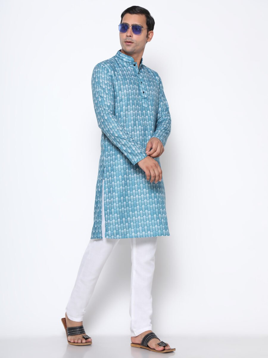 Digital Print Silk Kurta Sky Blue