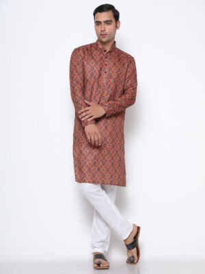 Digital Print Silk Kurta Brown