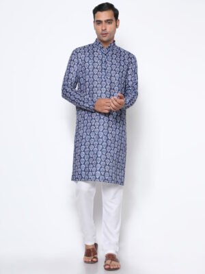 Digital Print Silk Kurta Navy Blue