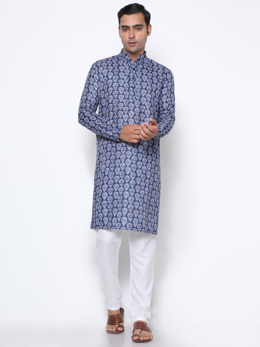 Digital Print Silk Kurta Navy Blue