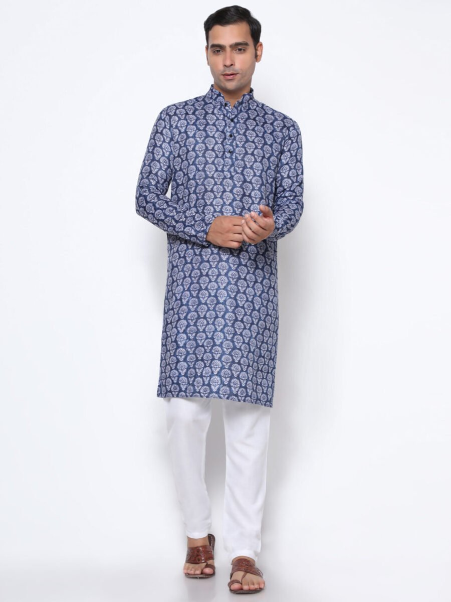 Digital Print Silk Kurta Navy Blue