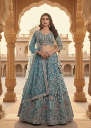 Handcrafted Teal blue bridal lehenga