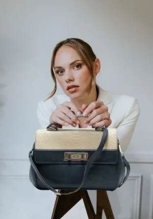 Black and Beige Handbag With Twist Lock