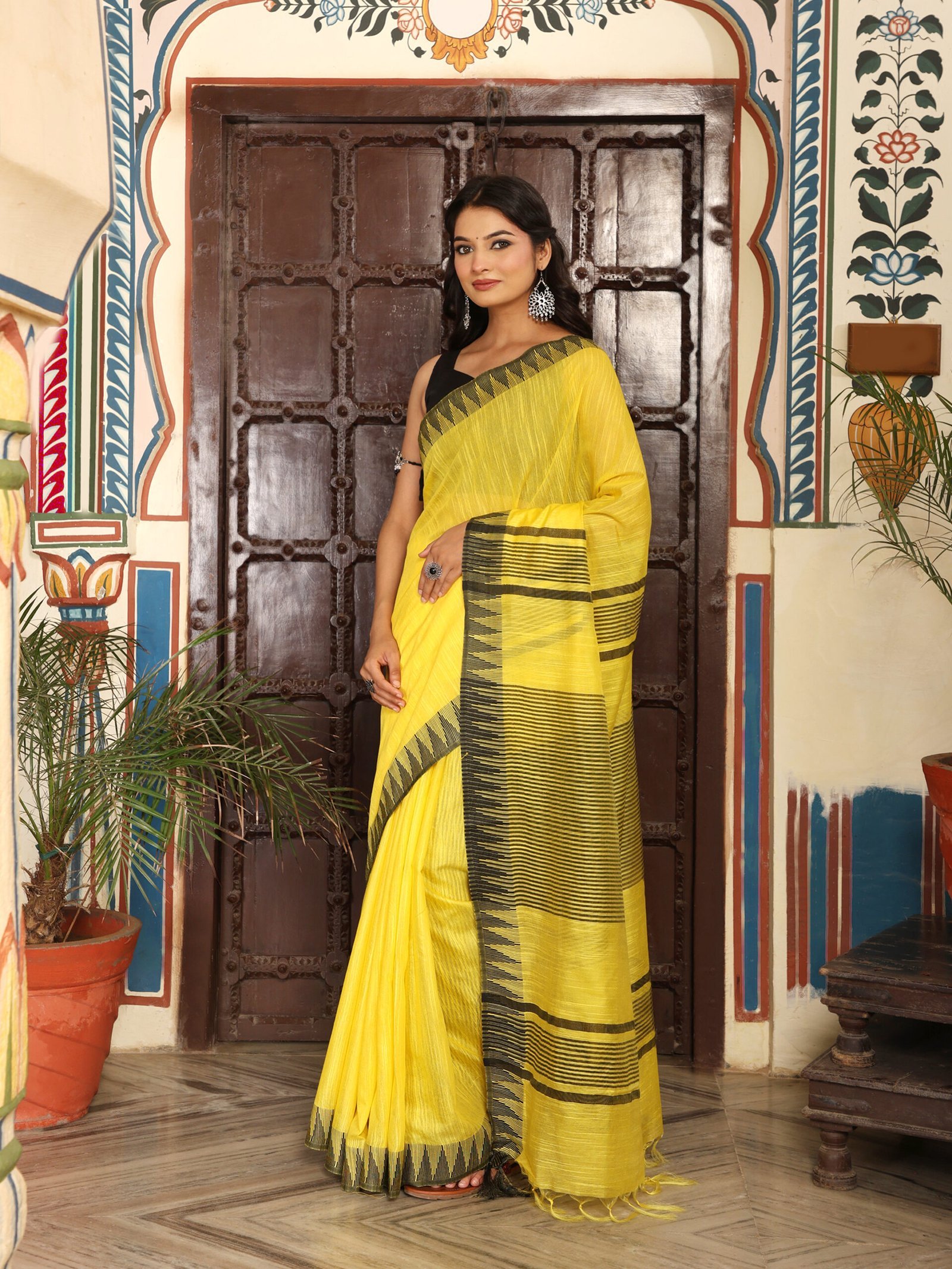SOLID Saree - YELLOW - Image 7