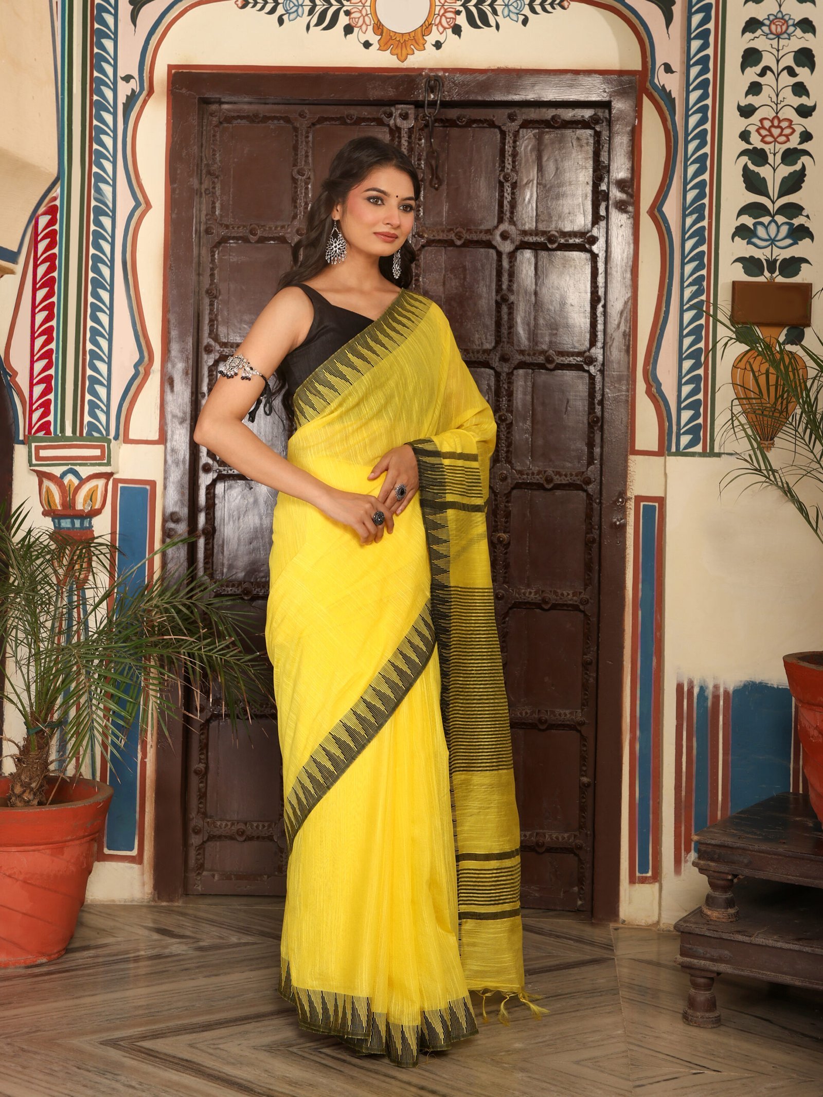 SOLID Saree - YELLOW - Image 6