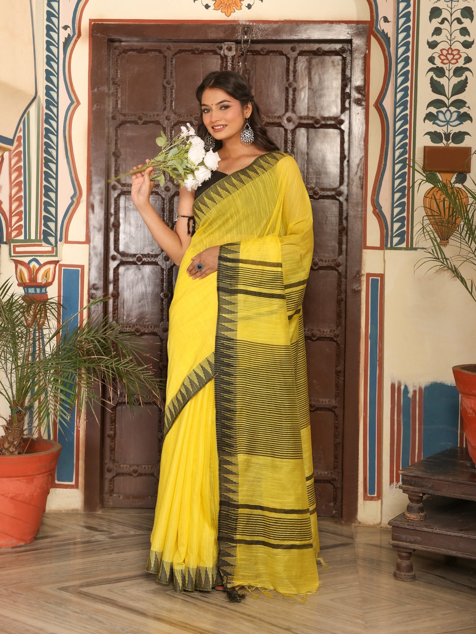 SOLID Saree - YELLOW - Image 5