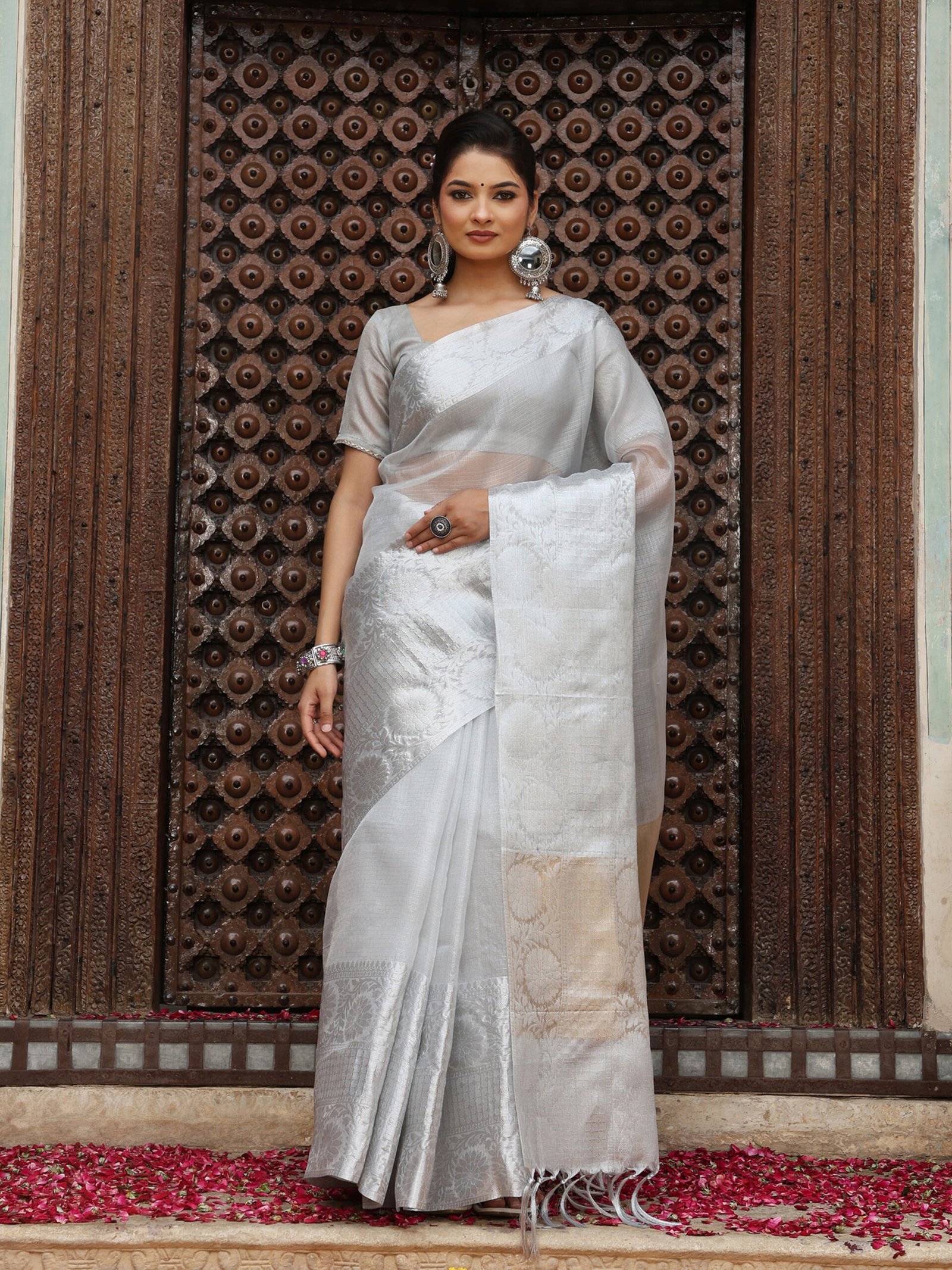 JACQUARD Saree - SILVER - Image 8