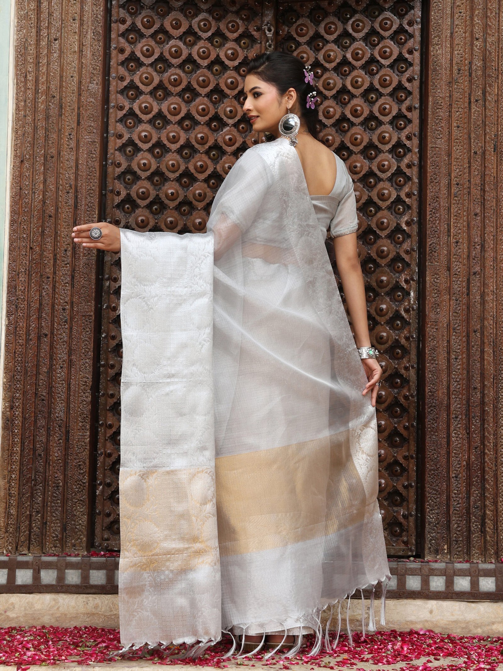 JACQUARD Saree - SILVER - Image 3