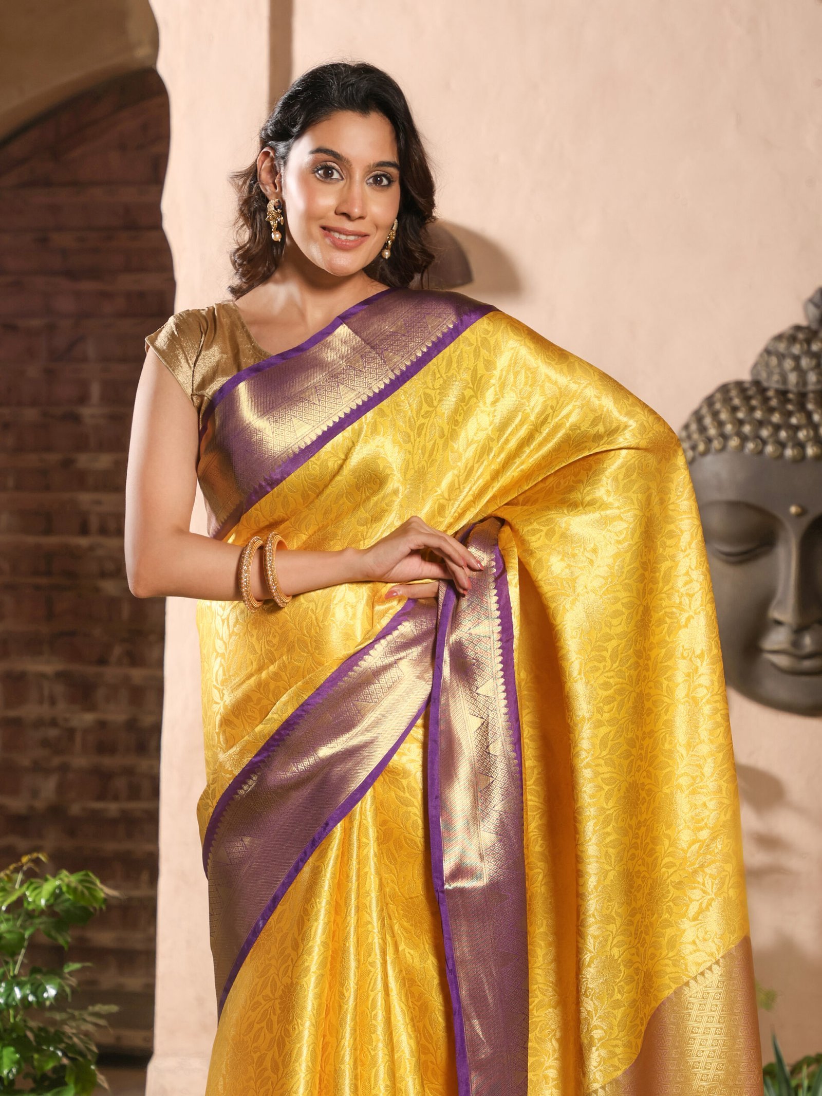 JACQUARD Saree - YELLOW - Image 4